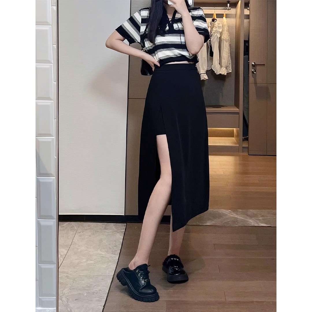 Black Suit Skirt Women's Summer New Split A- Line Mid-Length Skirt plus size chubby girl Slim Look High Waist Culottes