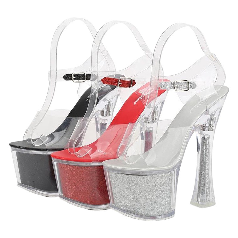 10367-39 new Korean nightclub car model shoes super high heels thick heel waterproof platform sandals transparent crystal shoes