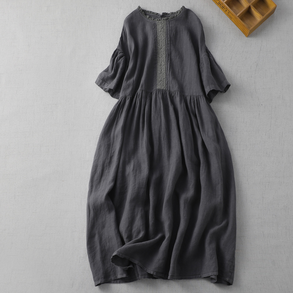Round Neck 2023 Summer New Japanese plus size Vintage College Style Cotton Linen Short Sleeve Loose Slimming dress Age Reducing