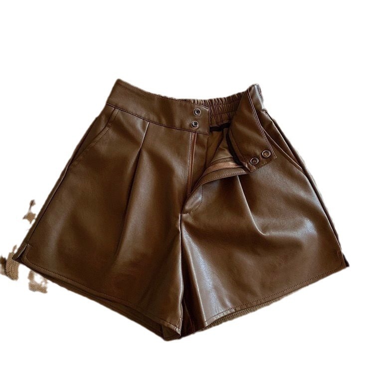 Picture of Black PU leather shorts for women, 2025 new spring/autumn hot girl casual high-waist slimming loose wide-leg shorts