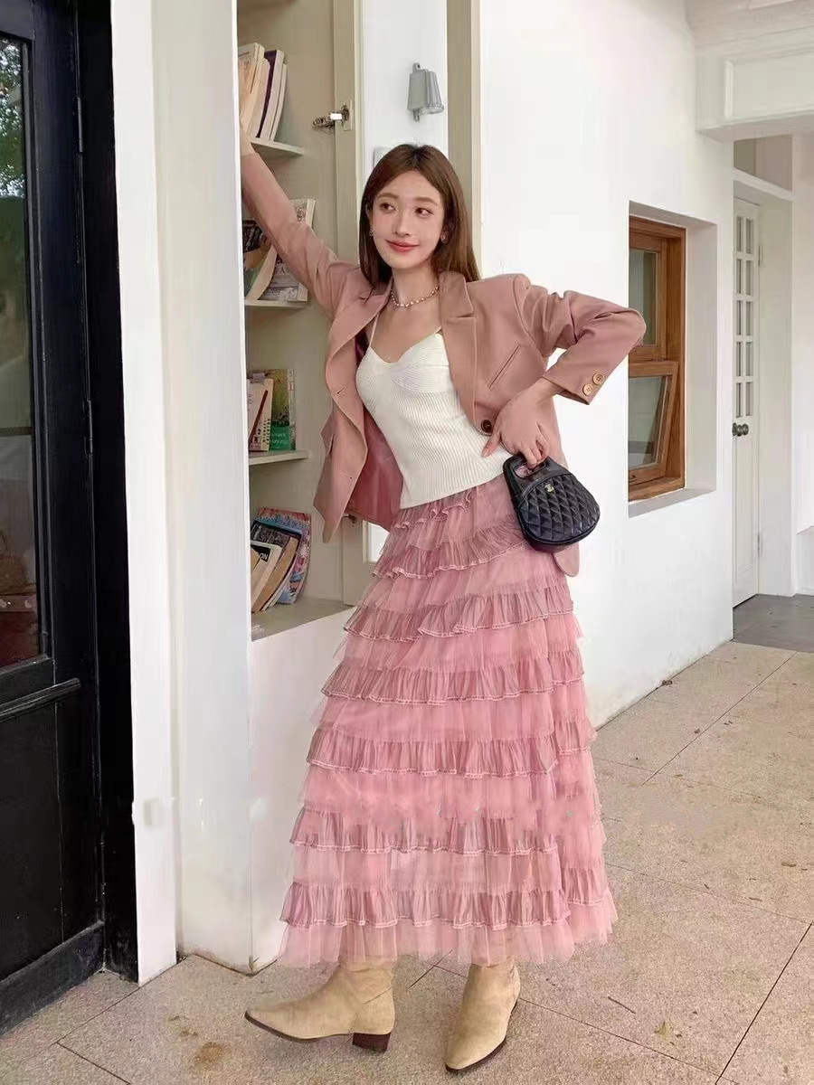 Mesh Cake Skirt Women's Autumn 2024 New Korean Style Super Fairy Heavy Industry Over-knee Slimming Large Swing Mid-length Skirt Skirt