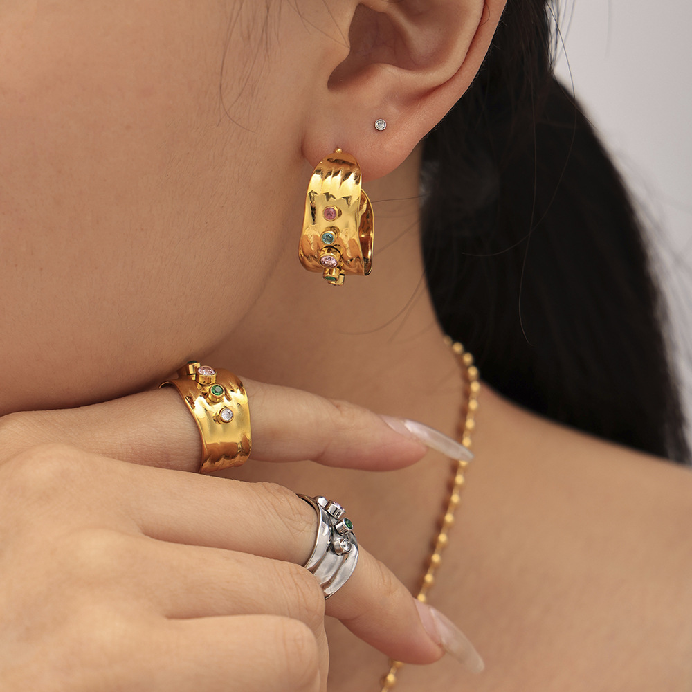 Oumeca European and American Mixed Color Zircon Open Ring C Earrings Stainless Steel Plated 18K True Gold Color Preservation Jewelry suit