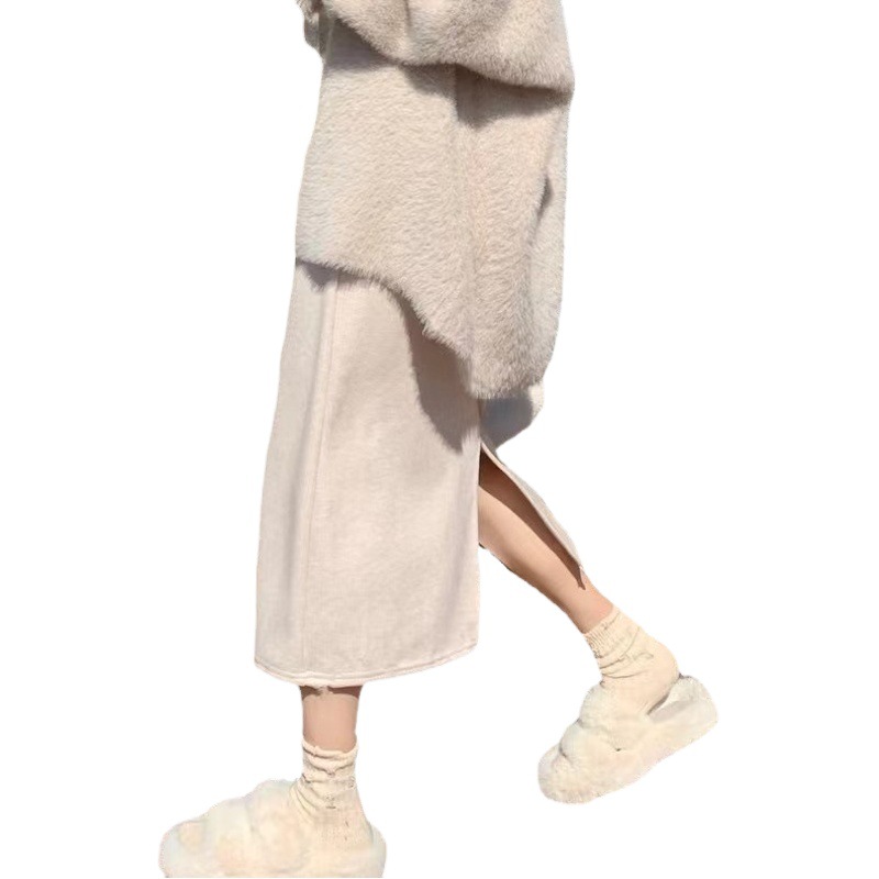 New Style Skirt Autumn and Winter Elasto High Waist A- Line Skirt Women's Mid-Length Split Skirt Knitted Sanding Long Skirt