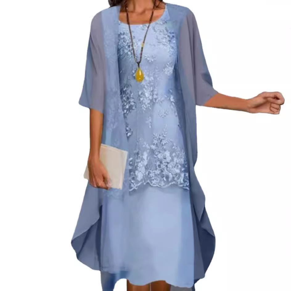 Picture of European and American Hot-Selling Independent Site Amazon Wish Hot Spring & Fall Fashionable and Elegant Lace Chiffon Dress Two-Piece Set