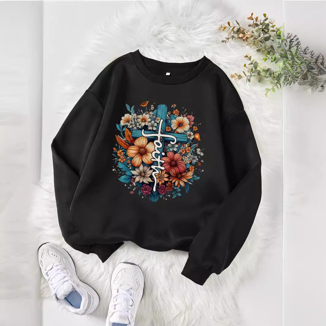 Amazon European and American Spring and Autumn Cross-border Women's Autumn and Winter Fashion Women's Casual Flower Printed Long Sleeve T-Shirt
