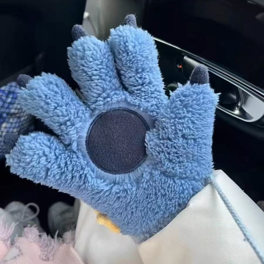 Cute Stitch Paw Five-Finger Plush Gloves for Women Winter 2025 New Thickened Cold-Proof Warm Student Cycling