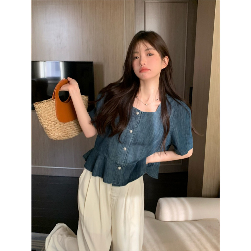 Spot Retro Denim Shirt Summer New Style Waist Slimming Design Niche Square Collar Short Top