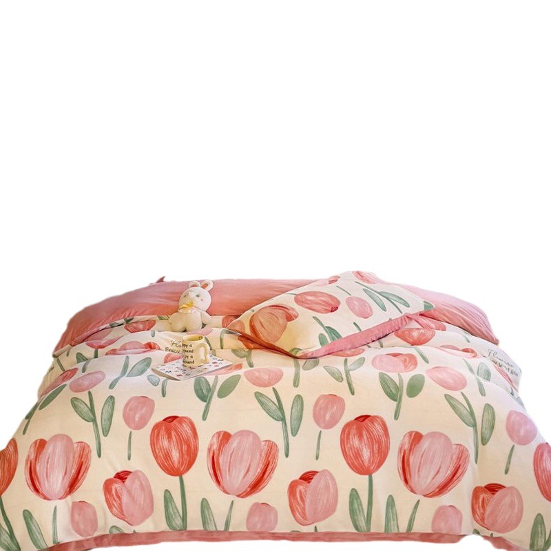 ins style winter milk velvet four-piece flannel bed sheet quilt cover coral velvet three-piece Nantong bedding