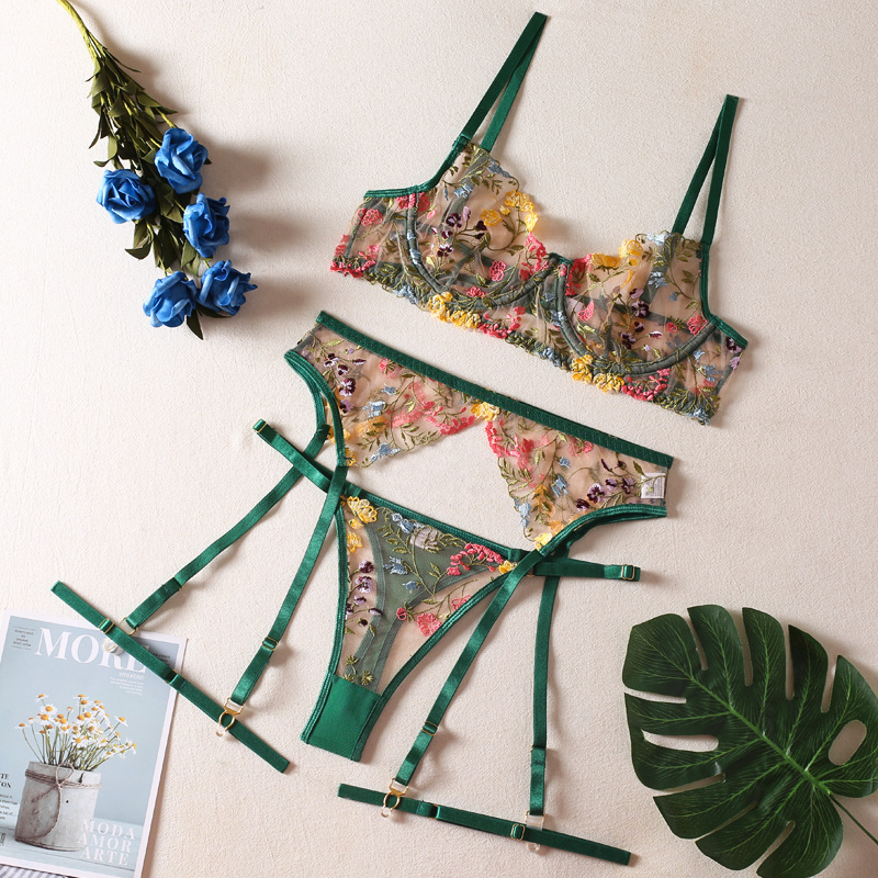 Picture of New ins Internet Celebrity Summer Small Floral Bra Panties Garter Belt Sexy Underwear Three-piece Set Foreign Trade Supply