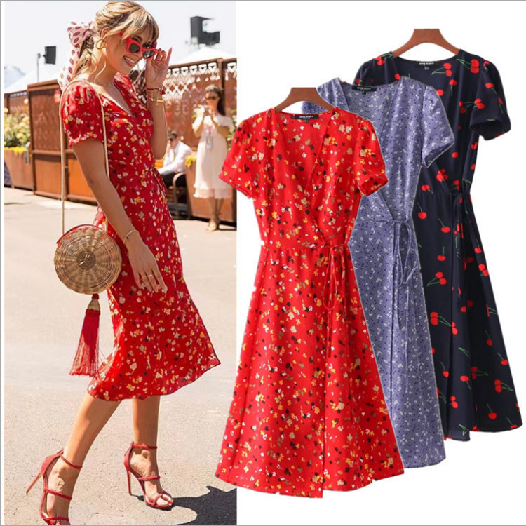 Cross-border Monopoly AliExpress Amazon Hot Women's Printed Floral Bubble Sleeve First Wrap V-neck dress