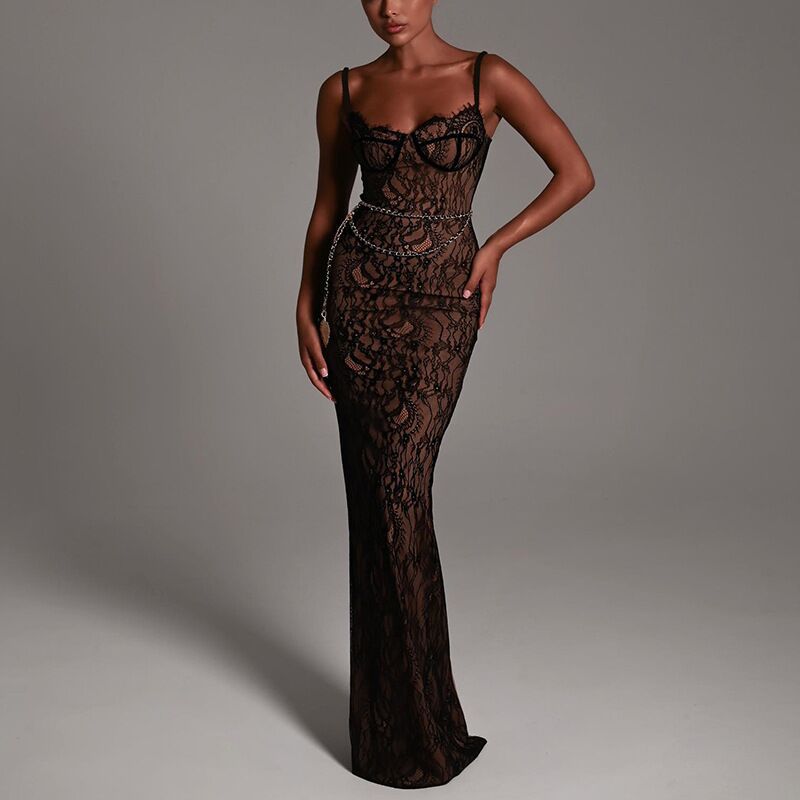 Foreign Trade European and American Style Women's Clothing 2025 New Lace Suspenders Fashionable Elegant Dress Long Skirt Off-Shoulder Slim Dress