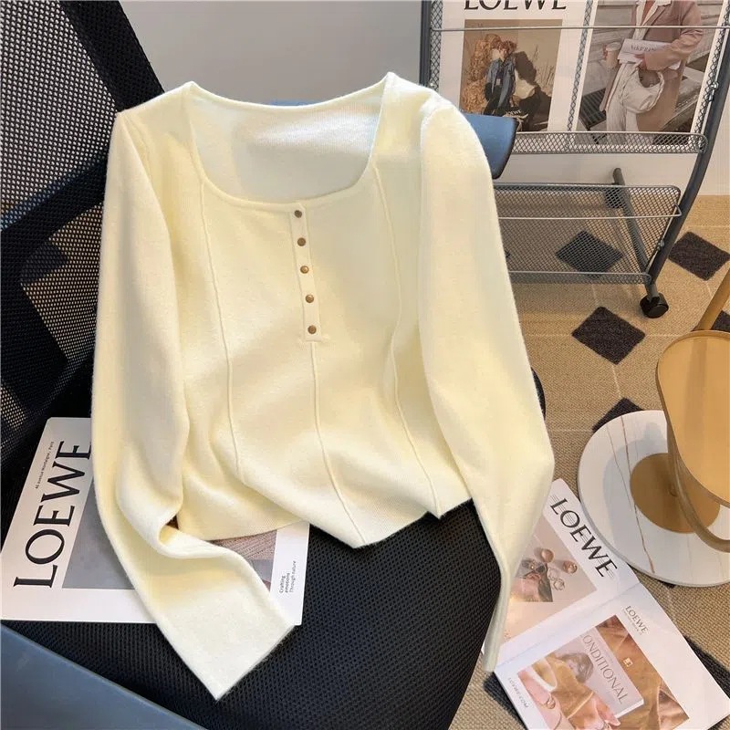 Double-sided Velvet Autumn and Winter New Square Collar Fishbone Line Long Sleeve Base Shirt Women's Korean Style Gentle All-match Short Top Trendy