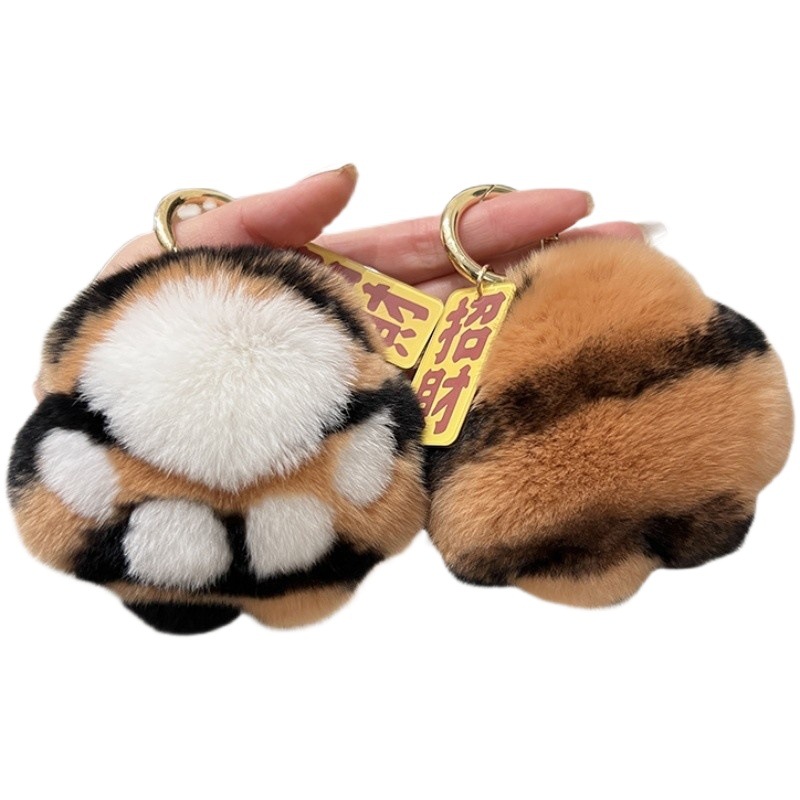 Rex rabbit fur lucky tiger pattern paw car keychain pendant cute plush schoolbag bag ornaments ladies high-end
