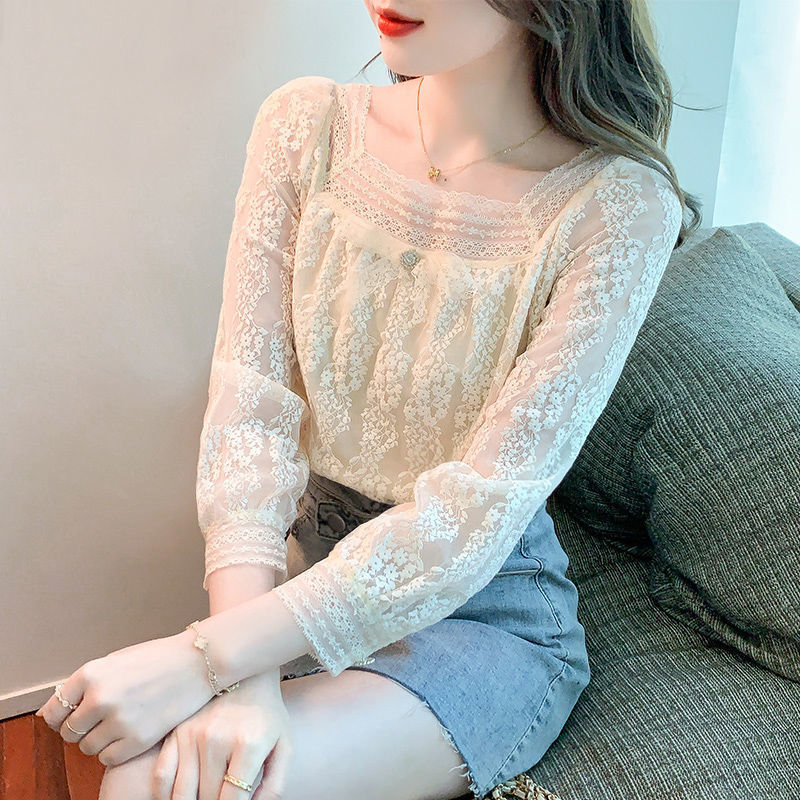 Picture of Lace Base Shirt Women's Wear Autumn and Winter 2024 New Fashion Western Style Square Collar Chiffon Shirt All-match Top