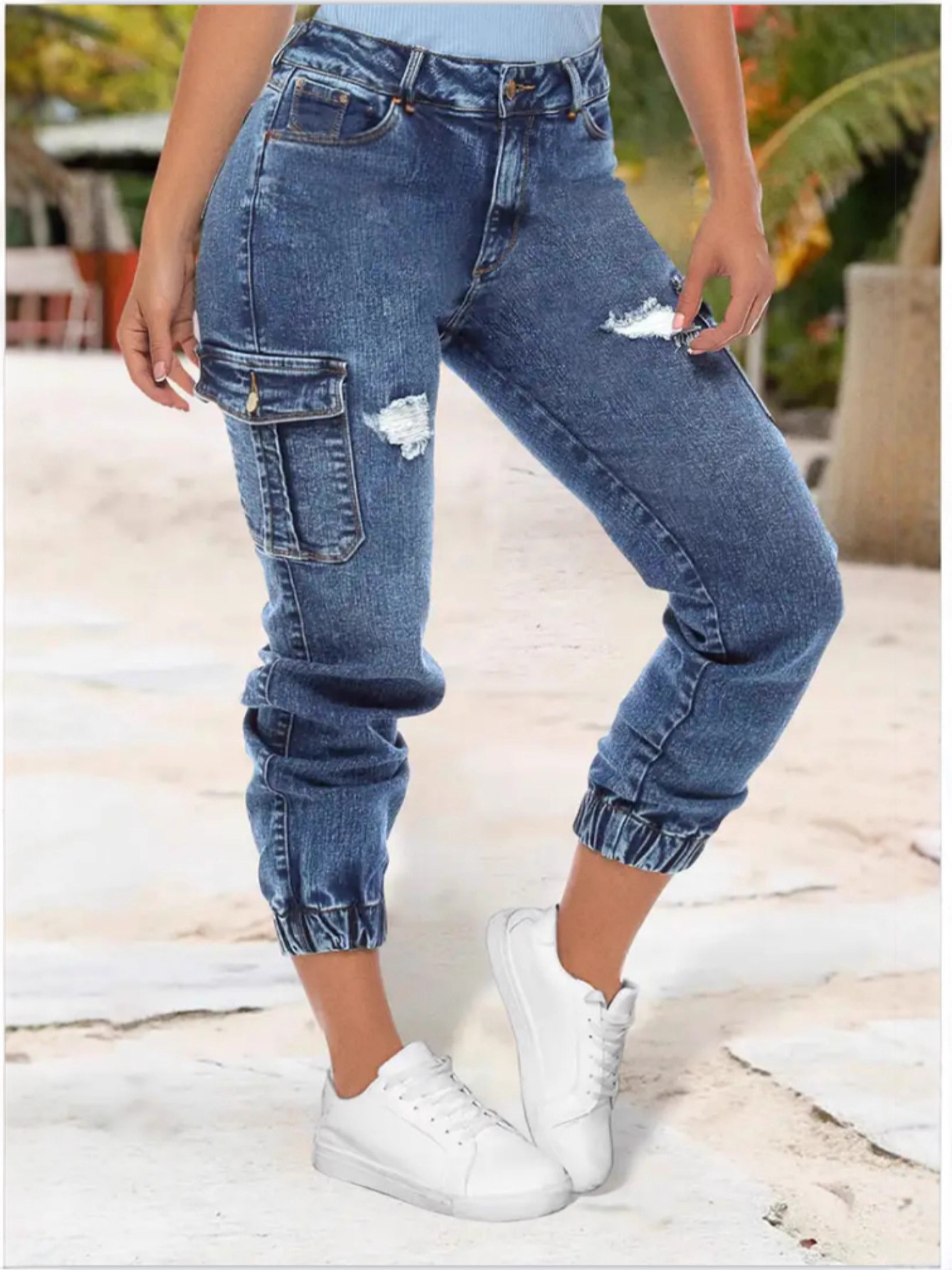 European and American cross-border export jeans for women, ripped stretch tight elastic cuff multi-pocket work pants JEANS
