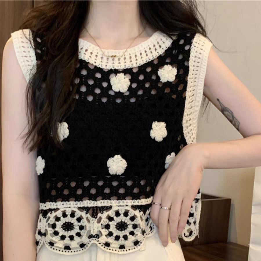 Knitted embroidered sexy camisole camisole cutout short inner layer, women's top bohemian style