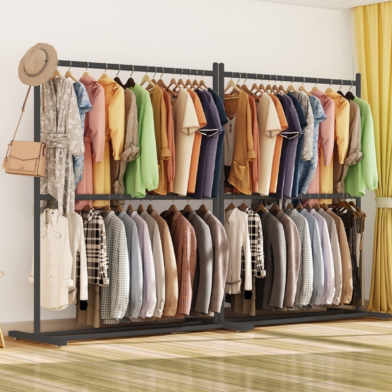 Double layer drying rack floor standing wardrobe home bedroom hanger dormitory storage drying hanger simple coat rack