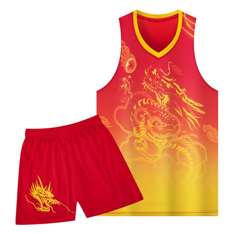 Dragon Boat Festival Dragon Boat Race Team Uniform Basketball Suit Vest Training Sportswear Red and Yellow Chinese Dragon Competition Jersey Men
