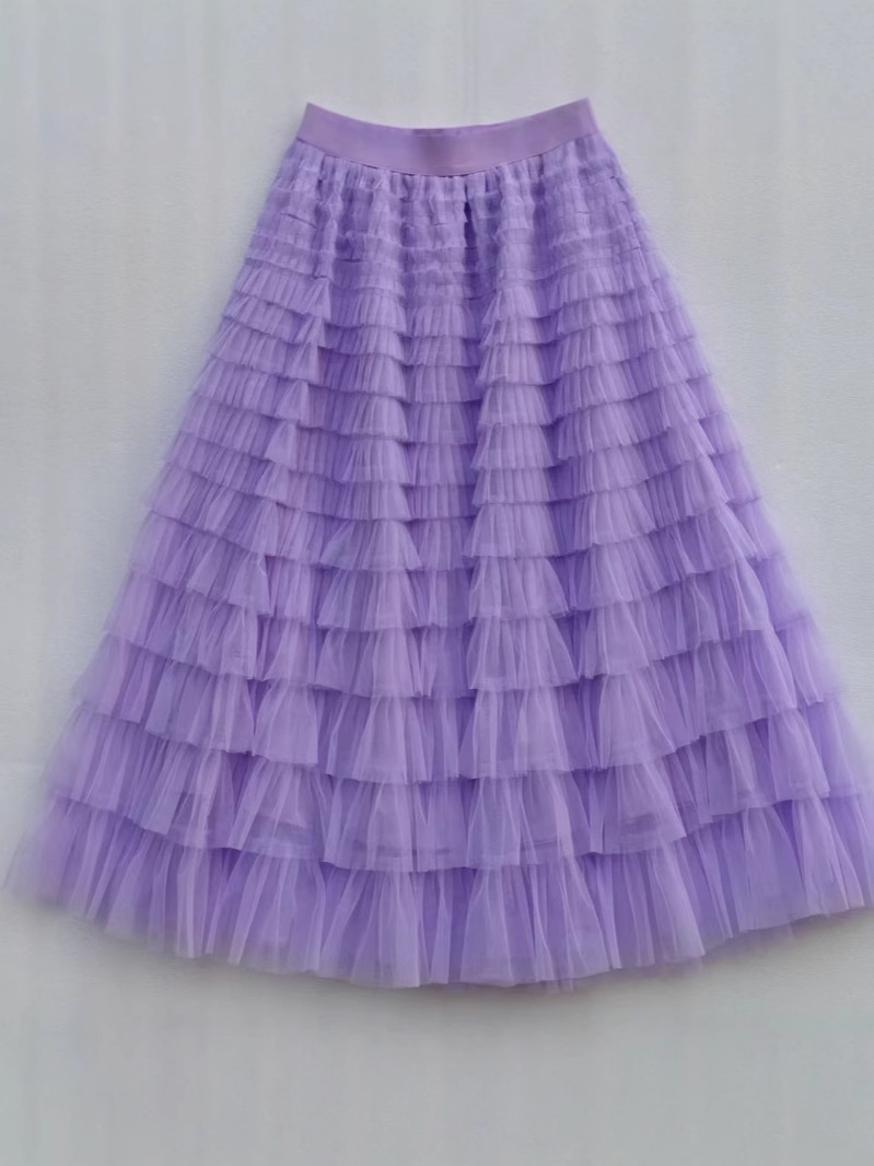 Sauze Skirt Women's Sweet Multi-Layer Cake Mesh Skirt light purple Elegant Elegant Elasticite Waist Princess A- Line Long Skirt