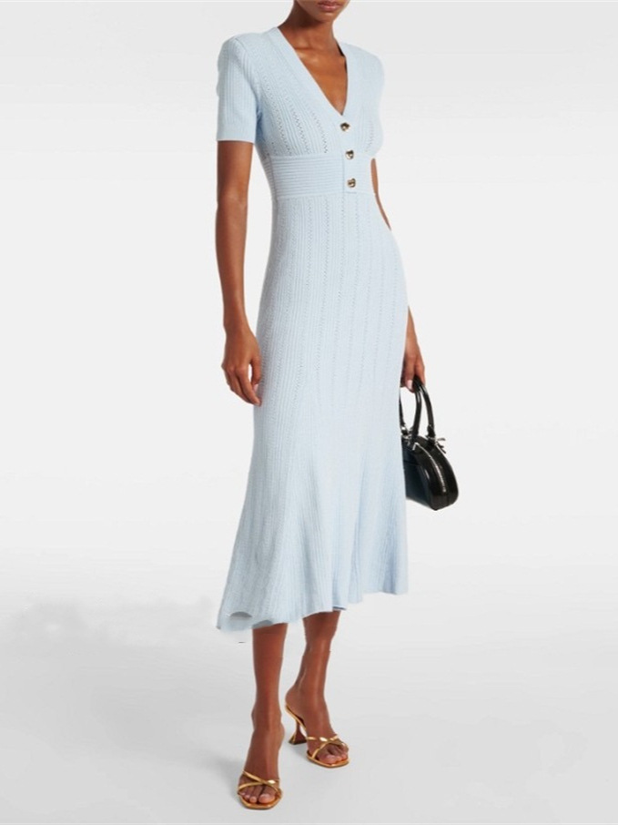 25 Summer Designer Fashion Brand Celebrity Goddess Elegant V-neck Short Sleeve Solid Color Vertical Fishtail Knitted Long Dress