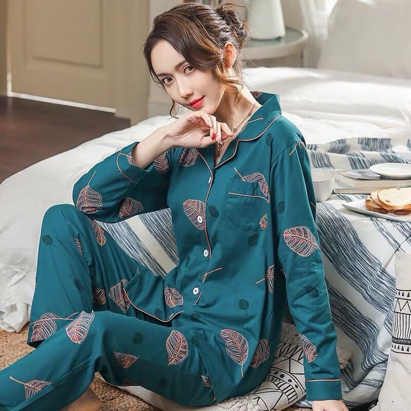 Picture of 100% Pure Cotton Pajamas Women's Long Sleeve Women's Spring and Autumn Cardigan Lapel Pajamas Outwear Winter Home Suit