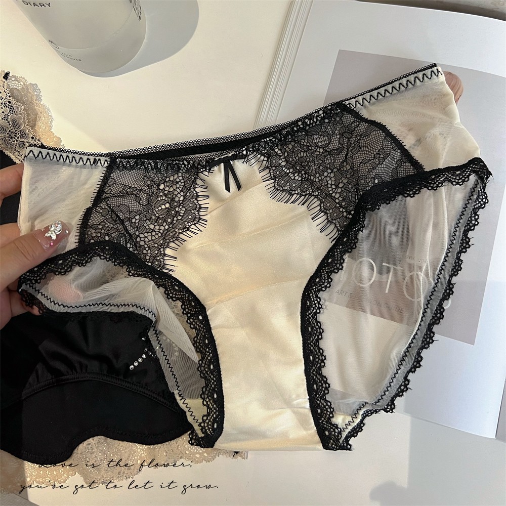Summer Thin Ice Silk Transparent Breathable Low Waist Satin Lace Panties Female Girl Sexy Pure Desire Style Briefs