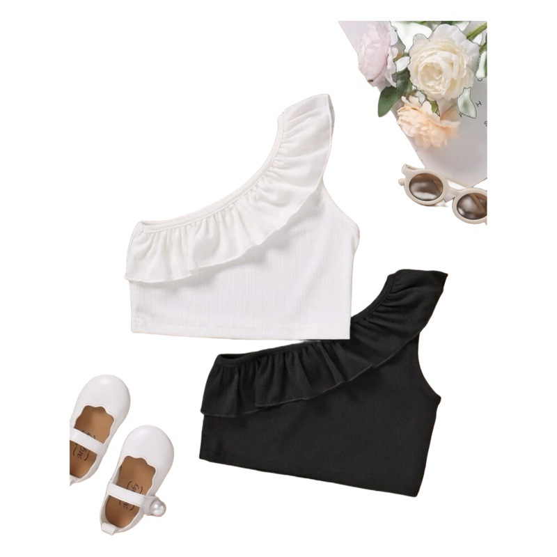 Cross-border new European and American fashionable baby girl Summer ruffled one-shoulder pleated thin one-piece vest for infants