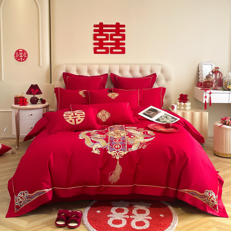 Picture of Y * J Chinese Dragon and Phoenix Embroidery Big Red Wedding Four-Piece Set Wedding Accompanying Cotton Six-Piece Bed Sheet Quilt Cover Bed
