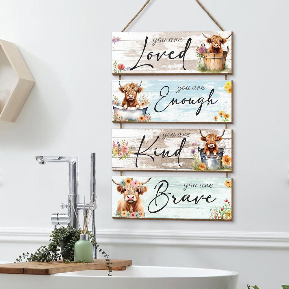Picture of Cross-border Hot Sale Highland Cow Listing American Country Wooden Farmhouse Logo Wooden Door Plate Wall Decoration Wall Hanging