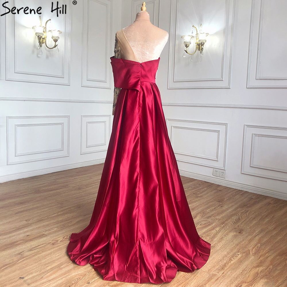 Picture of Wine red satin one-shoulder simple Slimming elegant socialite temperament toast wedding evening dress long dress LA70755