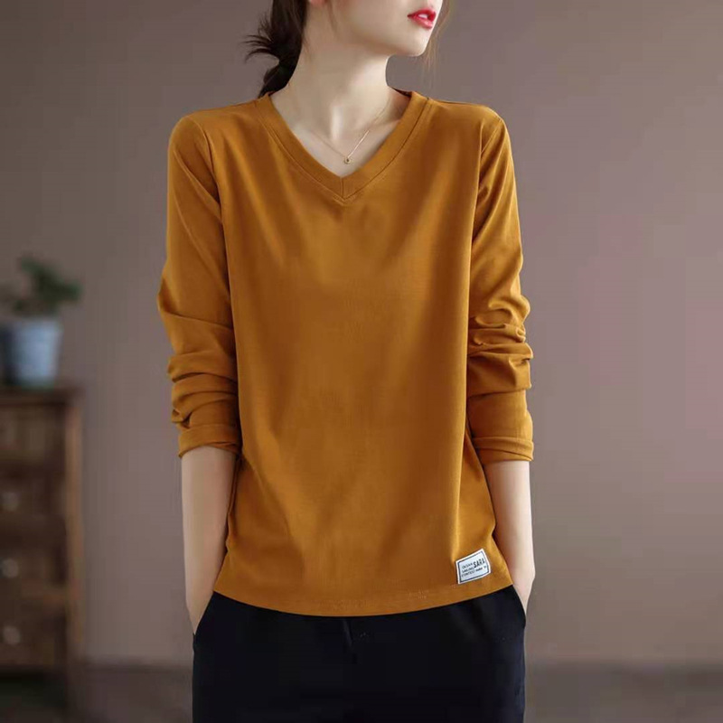 2021 New V-neck solid color all-match long-sleeved T-shirt for women plus size women's loose slimming bottoming shirt top fashion