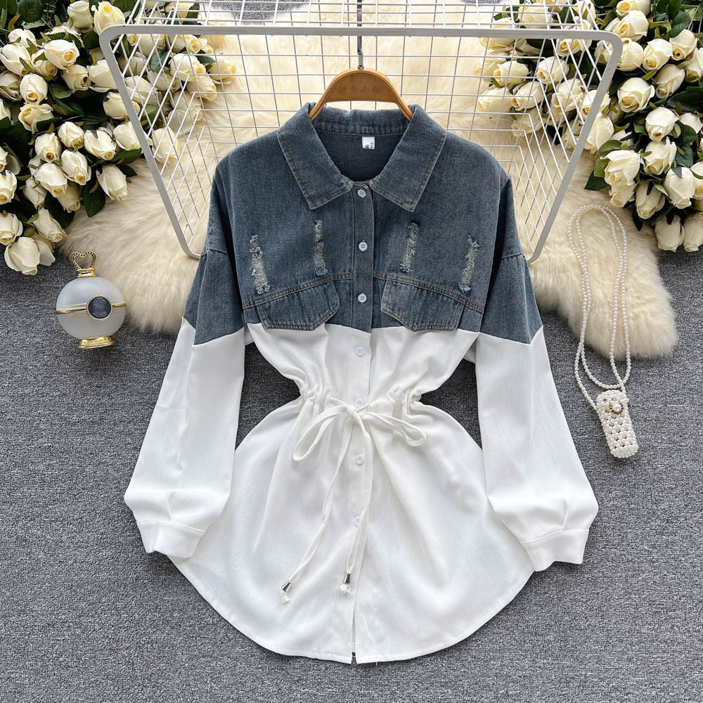 Cross-Border Light Mature Style Long-Sleeved Summer Women's Clothing High-End Denim Stitching Contrasting Color Waist-Cinching Shirt and Short Skirt