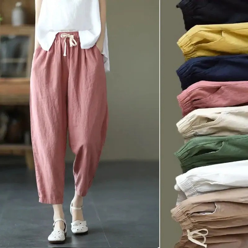 Cotton Trousers Women's Loose Loose Loose Casual Pants Summer New Cotton and Linen Retro Slimming Lace-up Radish Haren Pants