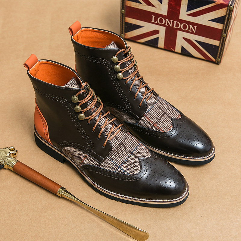 Autumn and winter fashion high-top leather boots cross-border plus size men's lace-up Martin boots casual British style pointed flat shoes