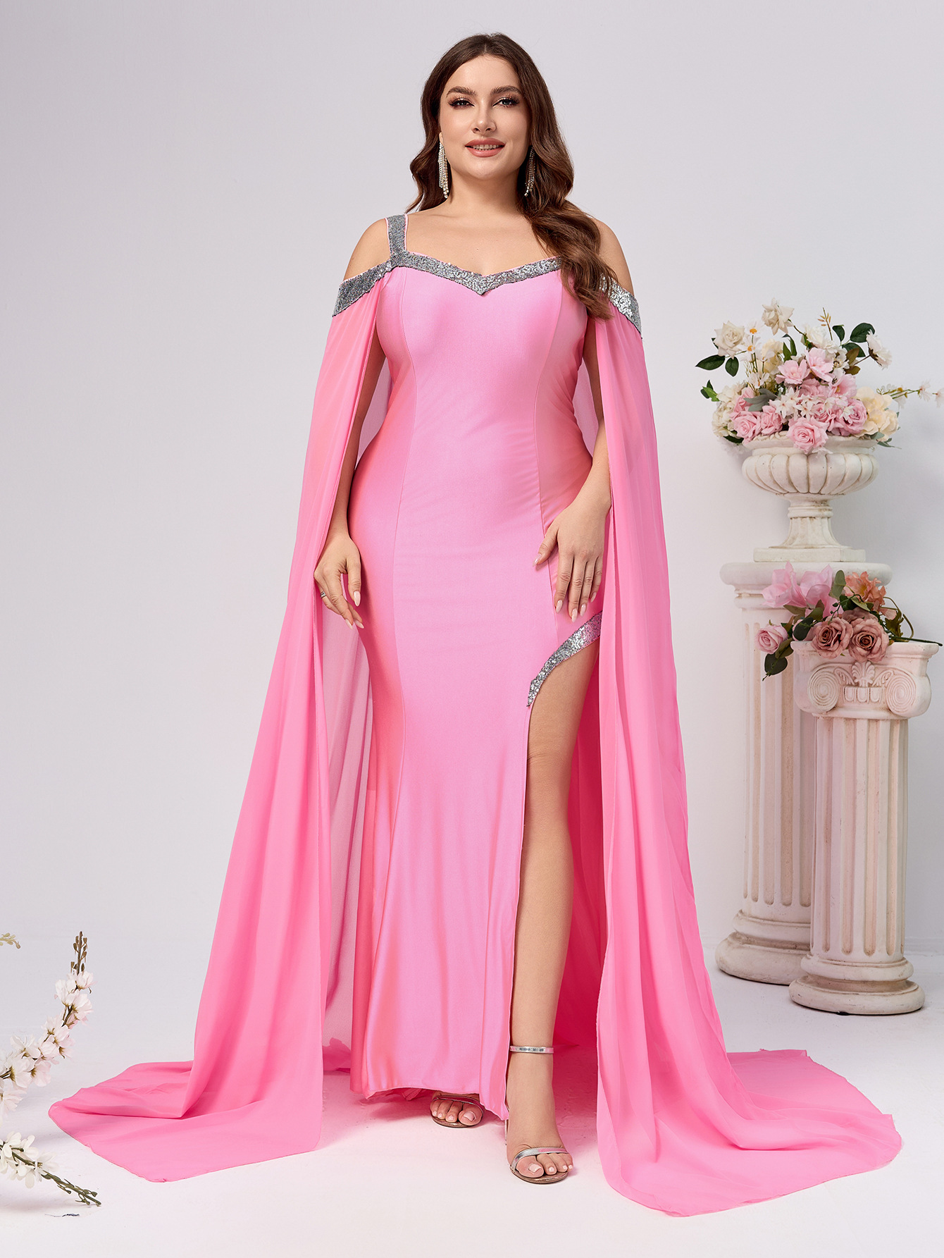 plus size Dress Foreign Trade Europe and America New Amazon New Sling Sequin Solid Color Trailing Dress