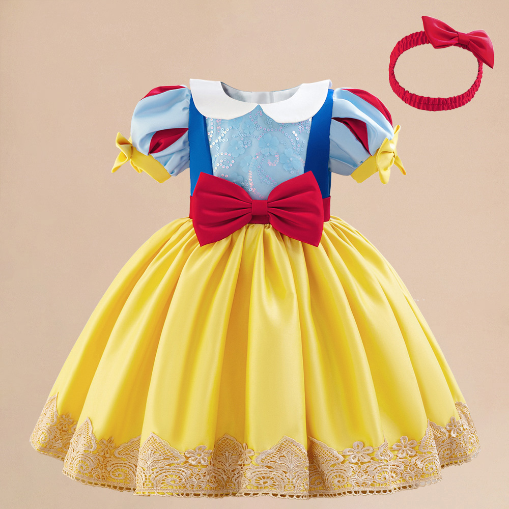 Cross-border Foreign Trade Children's Snow White Dress cosplay Dress Gilded Bubble Sleeve Bow Princess Dress