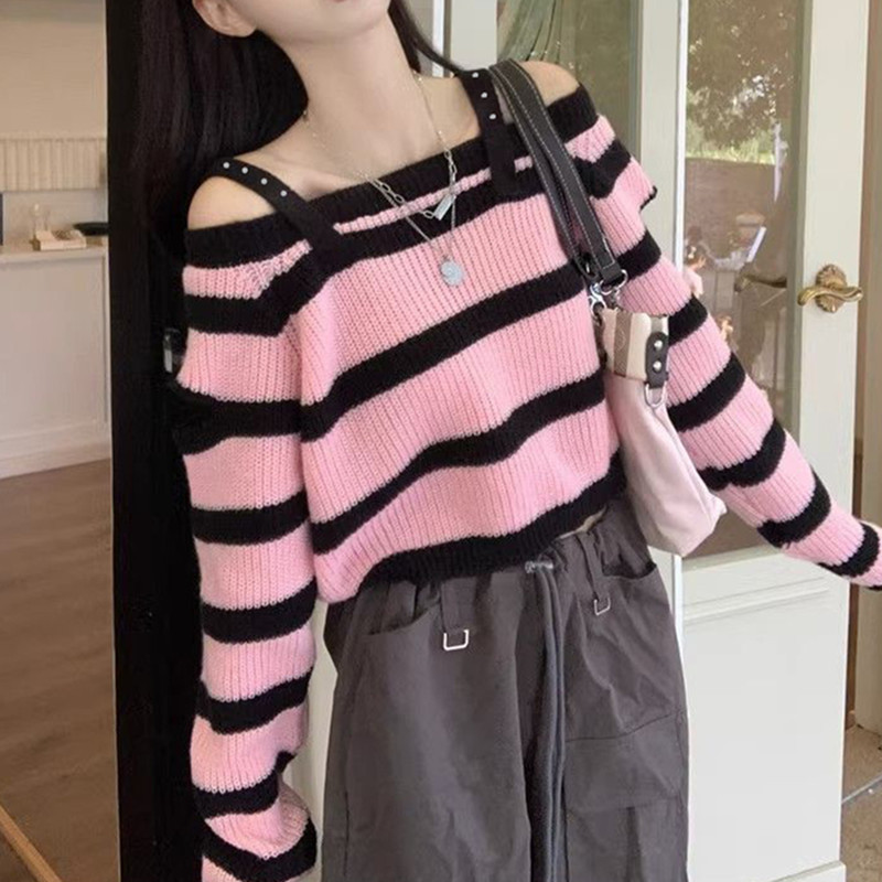 Picture of Sweet and spicy sweater women's autumn online celebrity new high-grade strap off-shoulder striped contrast color long-sleeved top