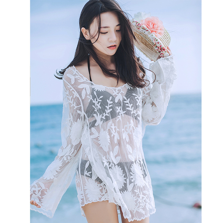 Beach Swimwear Bikini Blouse Sun Protection Clothing Women's Outer Wear Hollow Loose Blouse Long Seaside Vacation Sweater