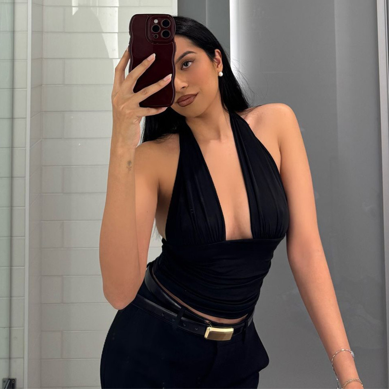 Cross-border Amazon 2025 Spring and Summer New European and American Women's Solid Color Sexy Neck Backless Slim-fit Vest Spice Girls