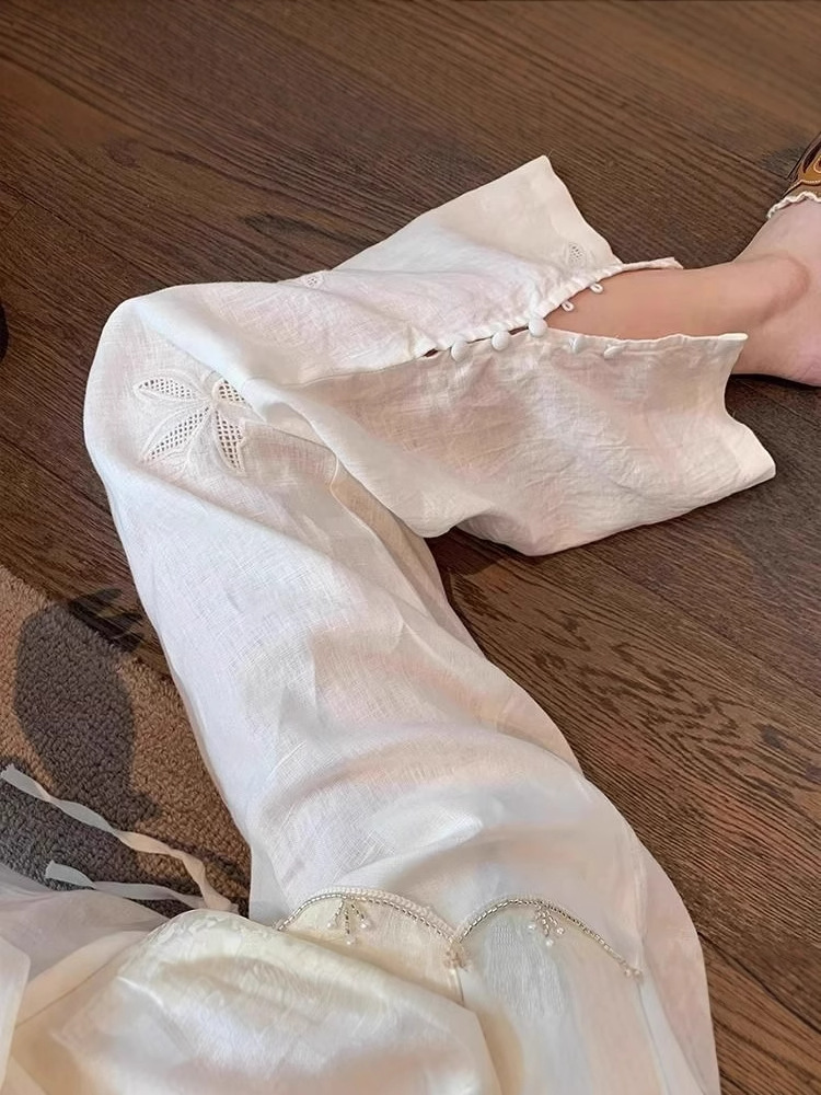 White Hollow Embroidered Split Wide Leg Pants Women's 2025 Summer New Design Sense Fashion Elegant All-match Casual Pants