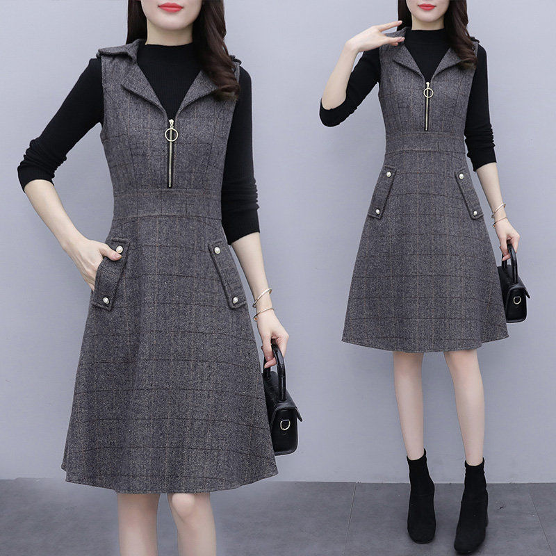 Picture of Single Piece/suit Vest Dress Women's Autumn and Winter Wool Plaid Sleeveless dress Outer Wear Slimming Mid-length A- line Dress