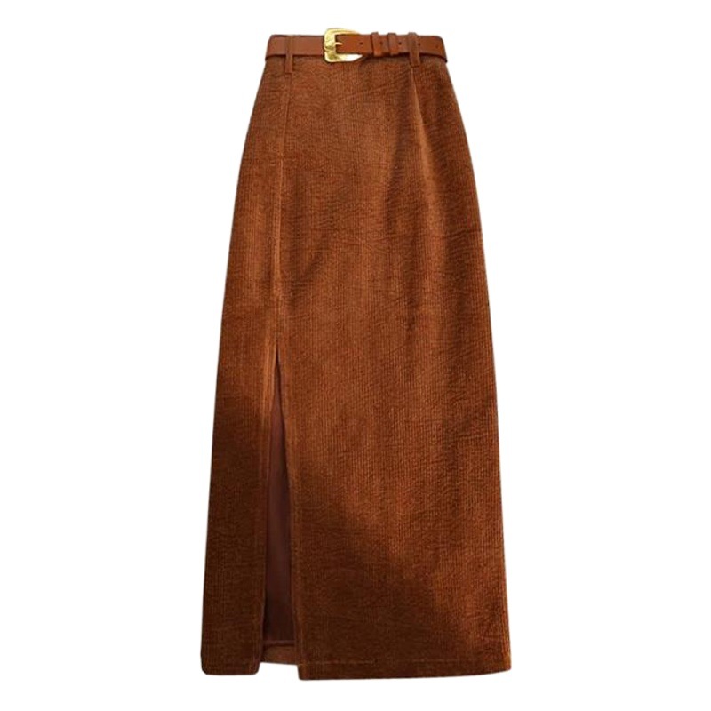 Corduroy Skirt Women's Winter Brown Skirt Mid-Length Slit Hip-Covering Skirt One-Step Skirt High-Waisted A-Line Long Skirt