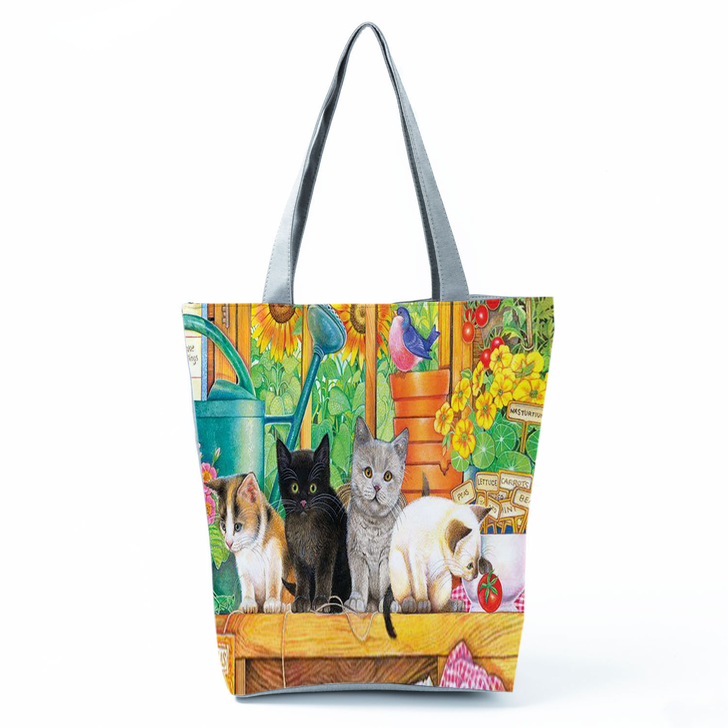 Picture of New cute flower cat printed shoulder bag portable travel storage bag large capacity outdoor tote bag