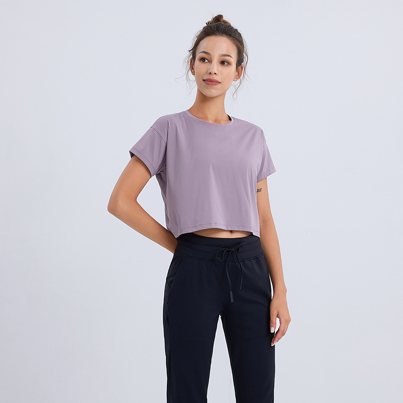 Picture of Soft and Skin-Friendly Spring and Summer Fashionable Navel-Baring Short-Sleeved T-Shirt, Loose and Breathable Running Outdoor Sports Yoga Wear for Fitness Women