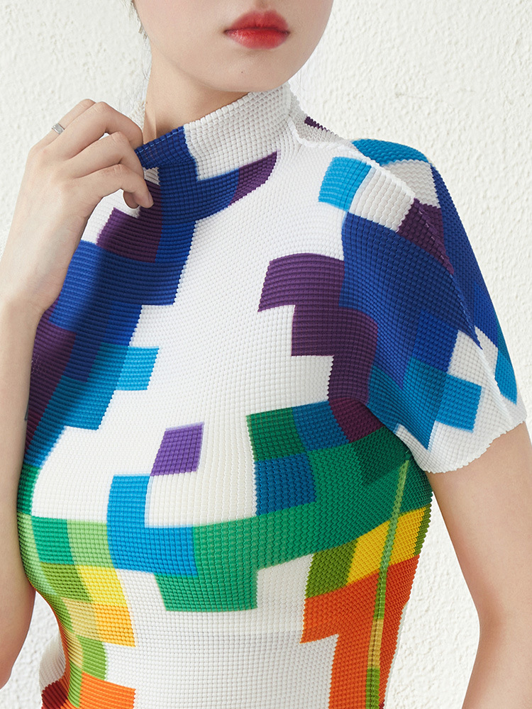Miyake Printed Pleated Top Women's Main Line Summer New Fashion Design Sense Slim-fit Slimming Short-sleeved T-shirt