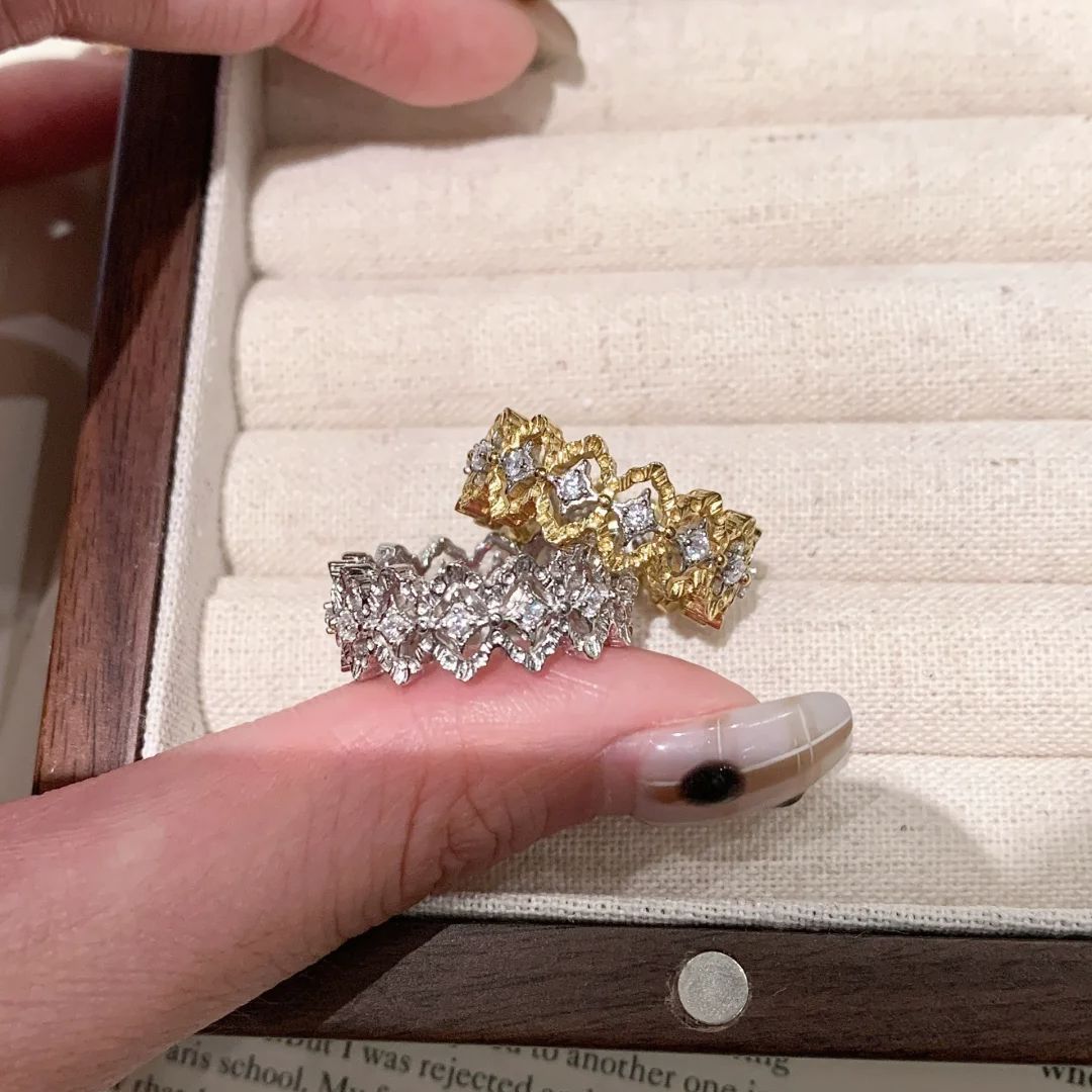 Italian Buchi Style Lace Ring Vintage Middle-ancient Brushed Diamond Lattice Air Conditioning Gold Diamond Ring
