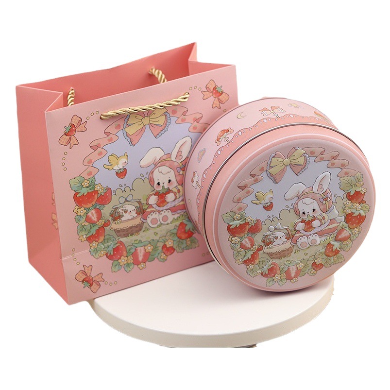 New small size 135 Round Cookie Iron Box Cute Rabbit Cat Candy Biscuit Packaging Tin Pot