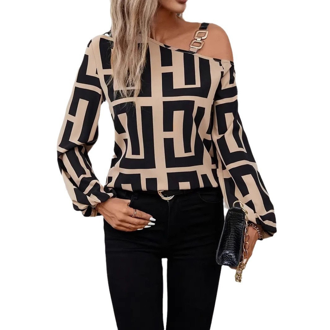 Picture of Cross-border Foreign Trade European and American Women's Clothing Amazon Spring and Autumn Fashion Geometric Printing All-match Long Sleeve One-word Collar Pullover Top