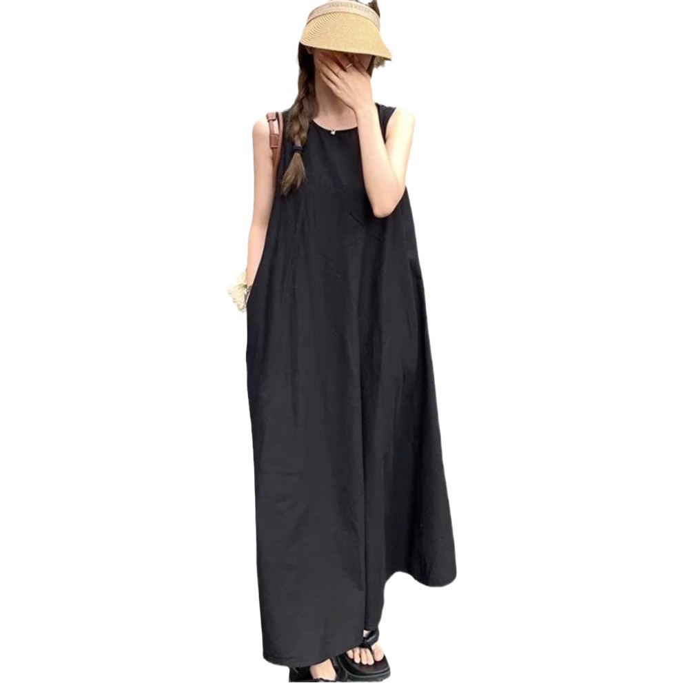 Korean style sleeveless vest dress for women Summer French style elegant design simple long round neck back hollow out dress