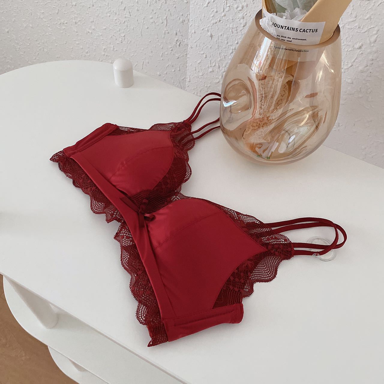 Red underwear suit wedding bride this year women's underwear small chest gathered seamless bra red wine red wedding